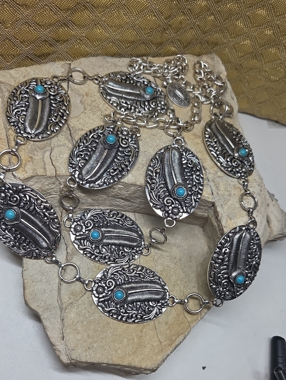 Turquoise Accent Silver-Tone Oval Link Belt